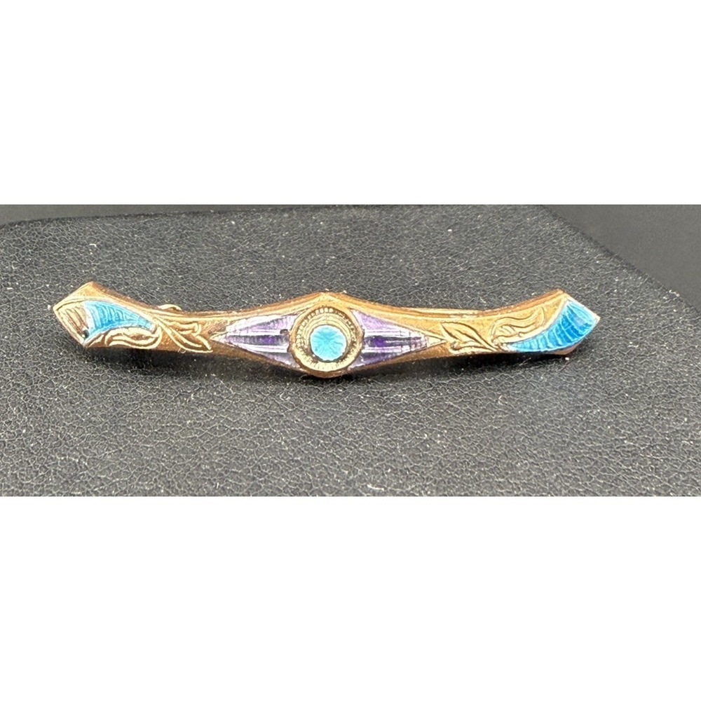 Vintage Bar Brooch Guilloche Enamel Blue Purple Gold Angels Signed